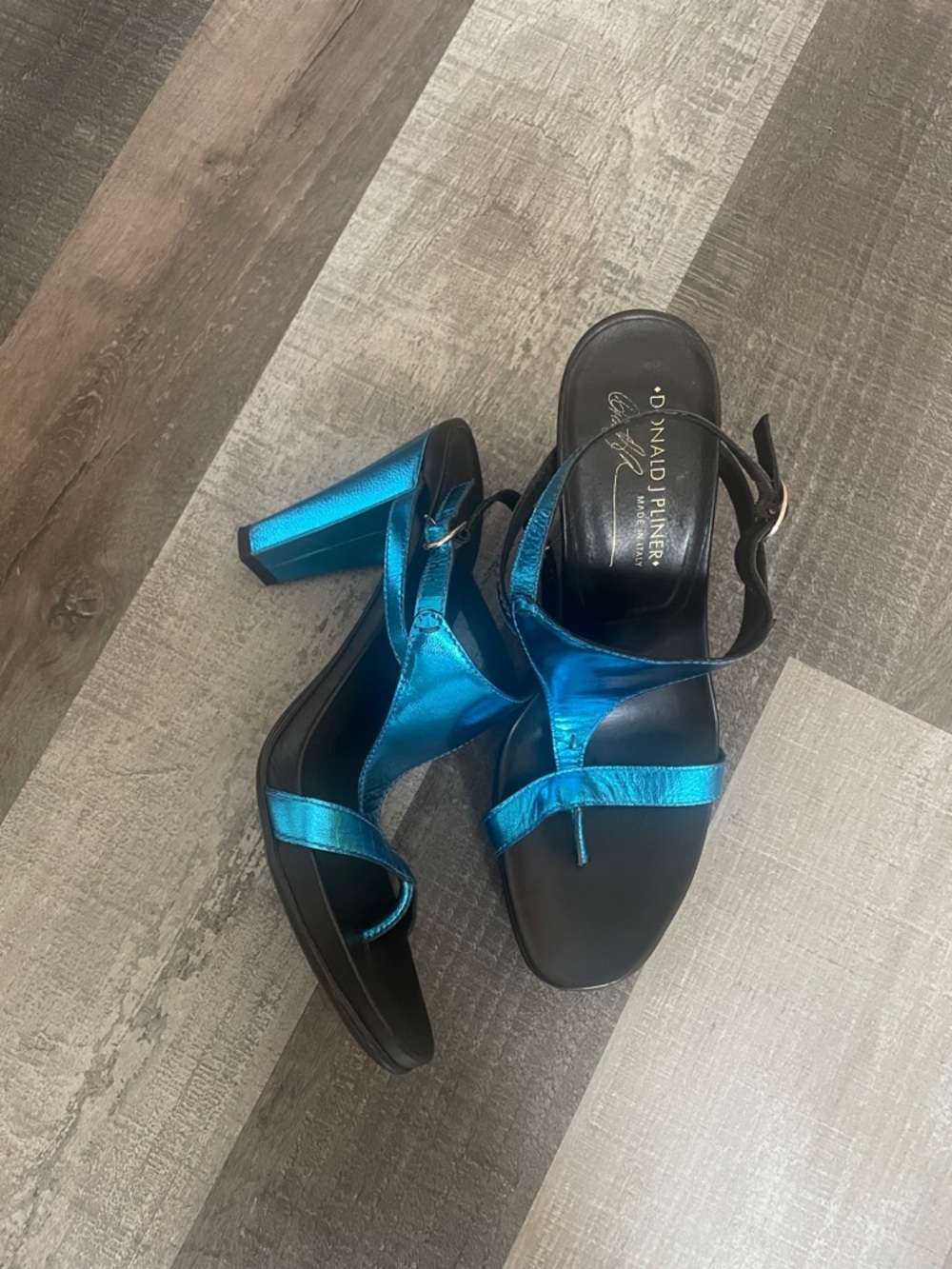 Donald J. Pliner Metallic Teal-Blue Leather Block Heel Sandals